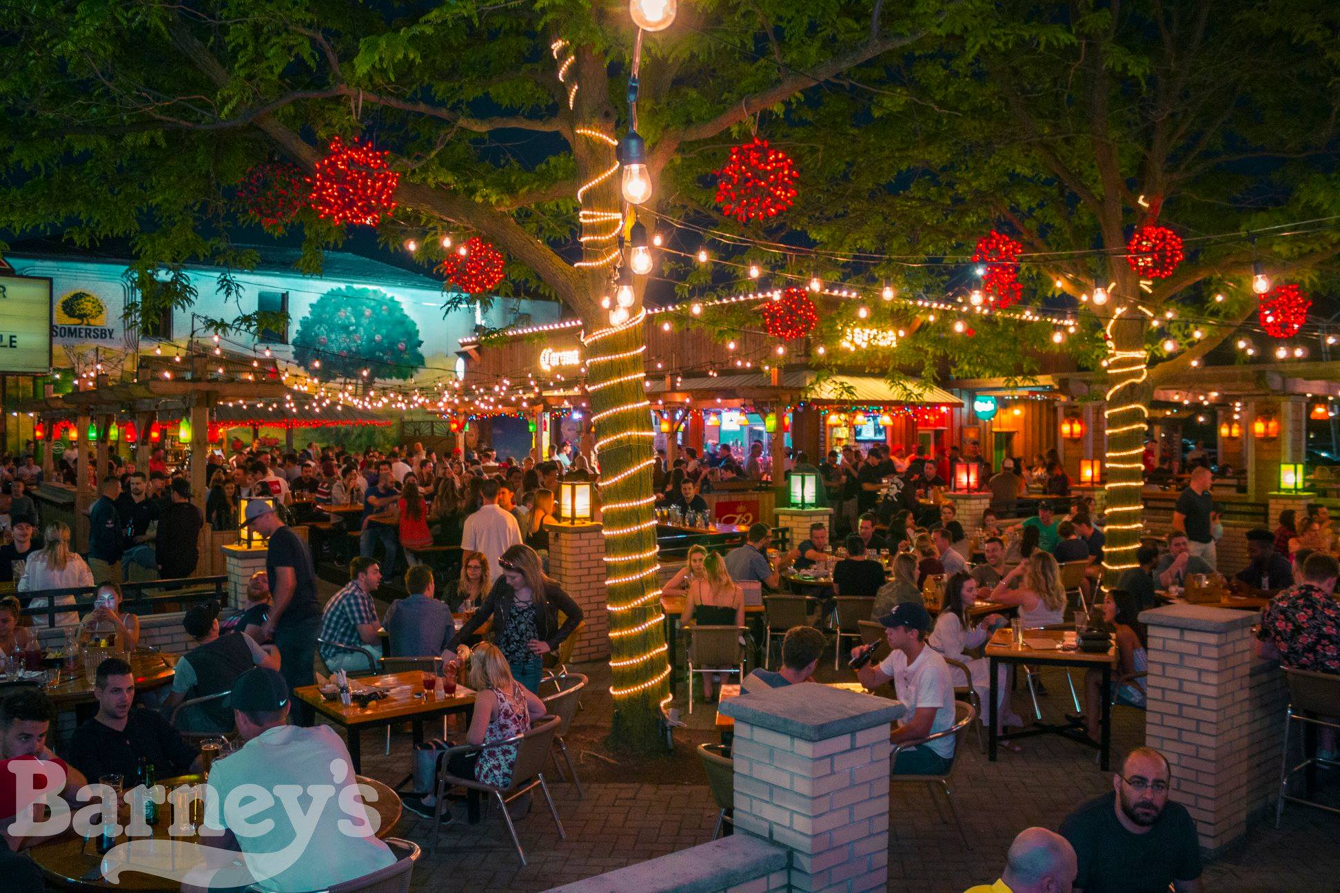 View of the patio at night with fairy lights